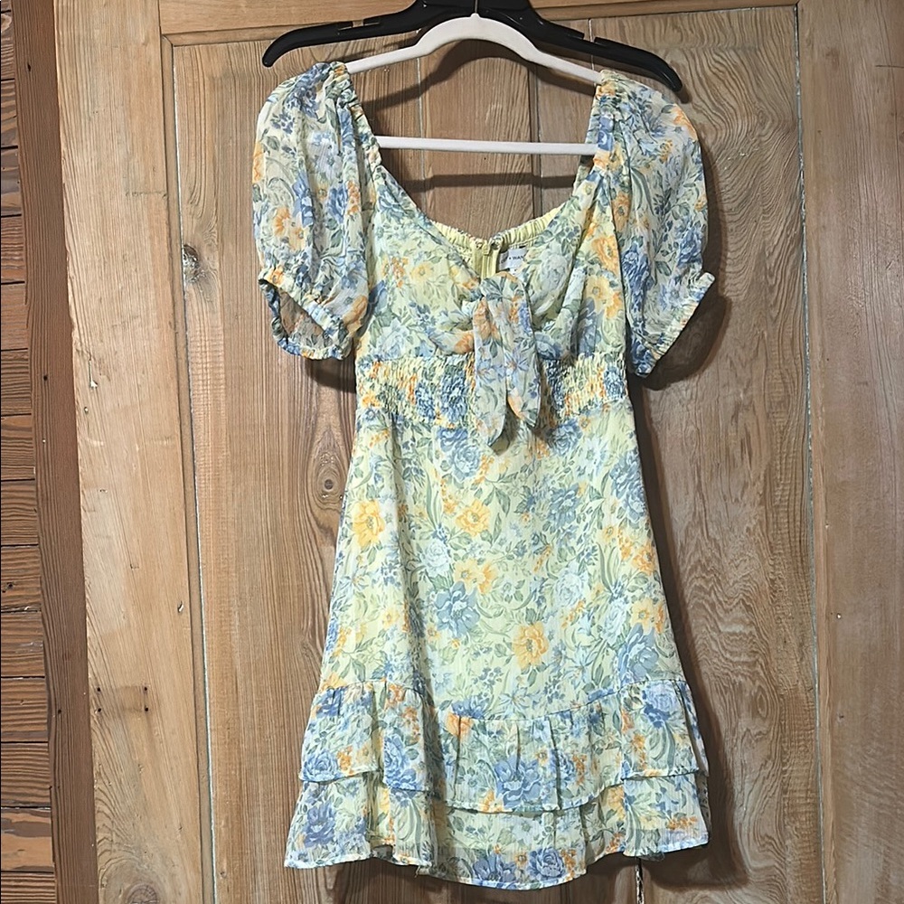 Lost + Wander Floral Puff Sleeve Mini Dress - Yellow and Blue